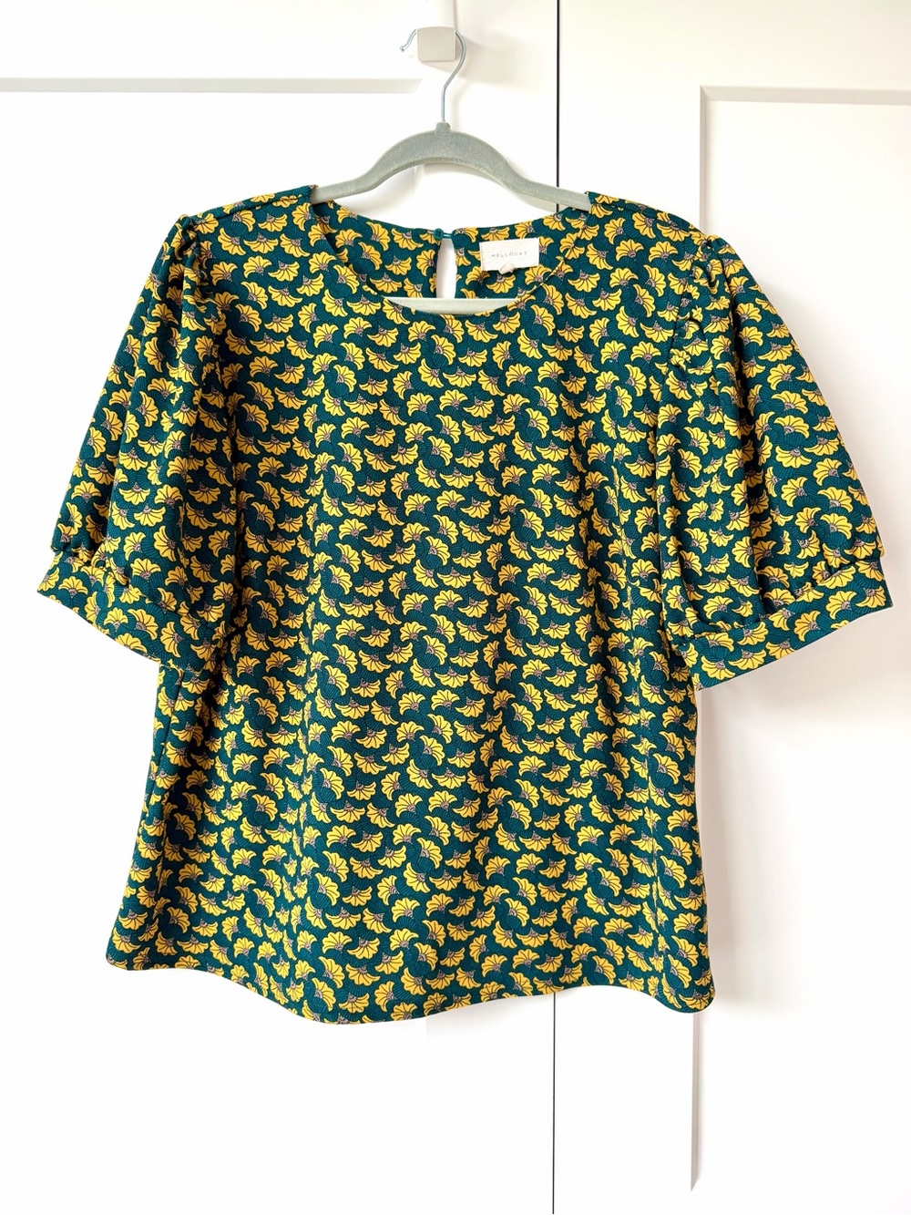 Green & Gold Floral Puff Sleeve Blouse